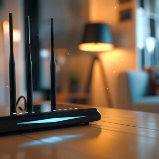 A wifi router in modern smart home, technology, internet, connectivity, network, wireless, device, Wi-Fi access concept.