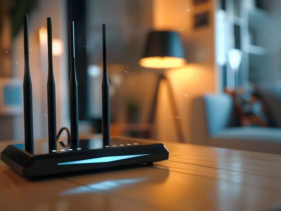 A wifi router in modern smart home, technology, internet, connectivity, network, wireless, device, Wi-Fi access concept.