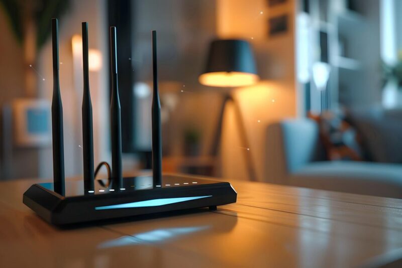 A wifi router in modern smart home, technology, internet, connectivity, network, wireless, device, Wi-Fi access concept.